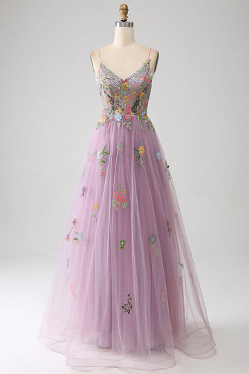 Mauve A-line spaghetti stropper tyll lang ballkjole med broderi